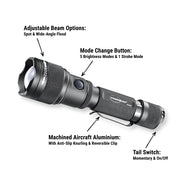POWERTAC FLEXBEAM GEN2 2000 LUMENS ADJUSTABLE BEAM FLASHLIGHT